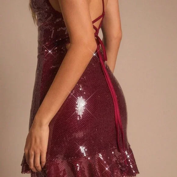 Burgundy Sequined Women's Spaghetti Strap Dress - Picture 6 of 7